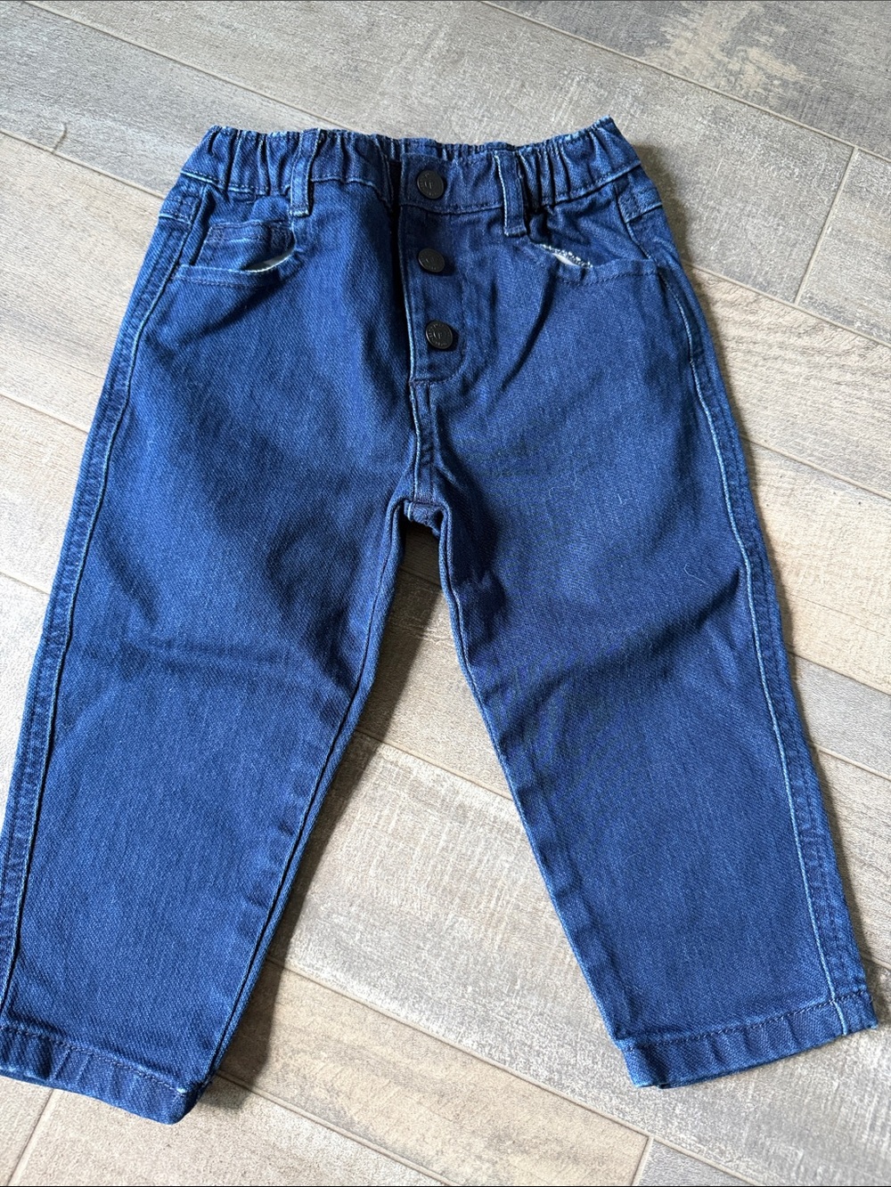Boys Navy Elastic-Waist Denim Jeans with Button Front